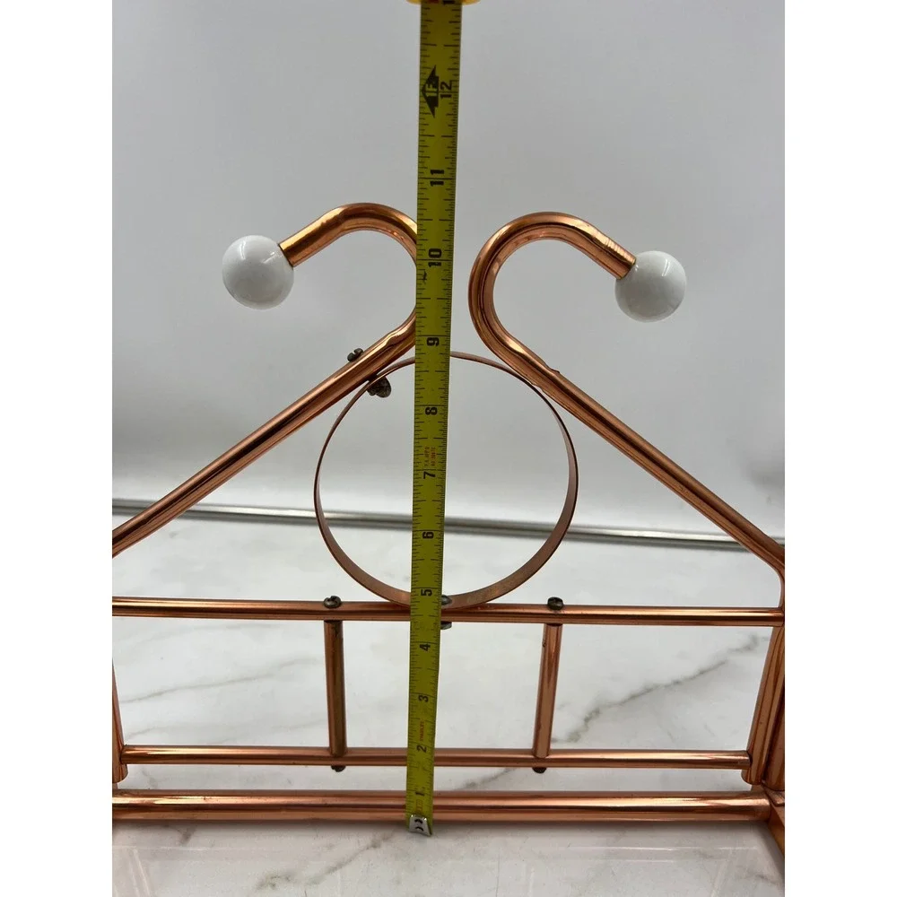 Vintage Copper Metal Wall Rack Towel Holder Scroll Design White Ceramic Finials